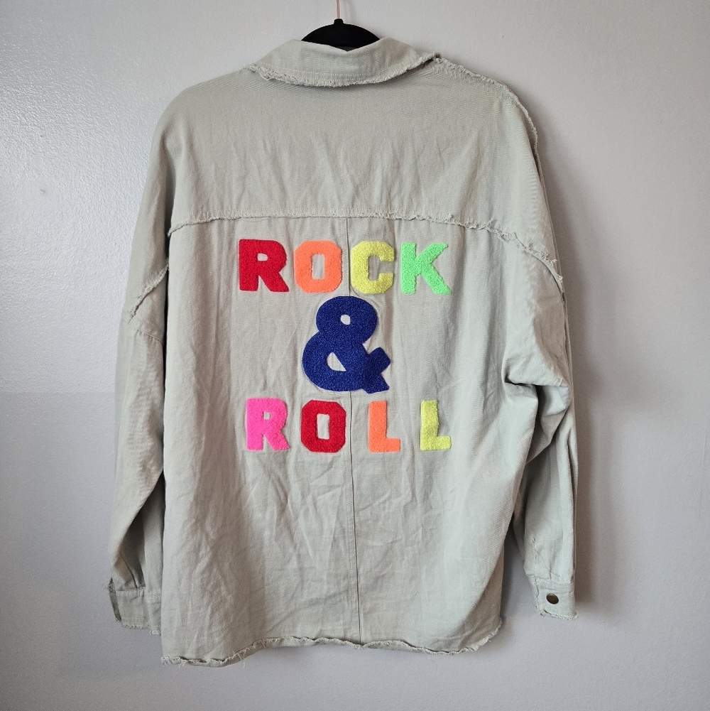 Davi & Dani Rock & Roll Graphic Shacket Sage Green Raw Hem Button Down Shirt - Picture 6 of 9